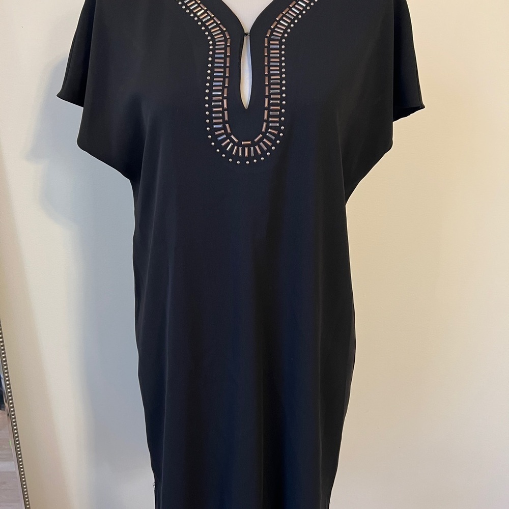 Amanda Uprichard Black Sheath Dress Mixed Metal V-Neck Size M LBD